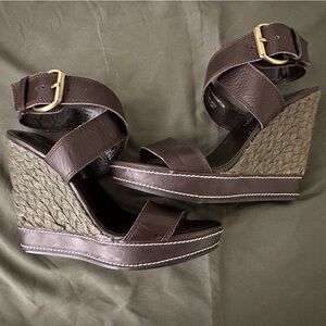 Chocolate Brown, Strappy Wedge Sandals with Buckle